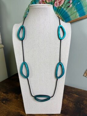 Hand Crafted Teal Resin Open Oval Necklace Organic Shape - Adjustable Waxed Cord